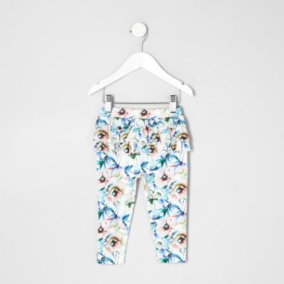 Mini girls white floral ruffle leggings